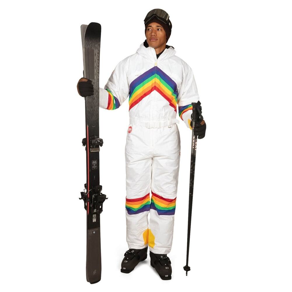 Tipsy Elves White Ski One-Piece Suit with Rainbow Chevron